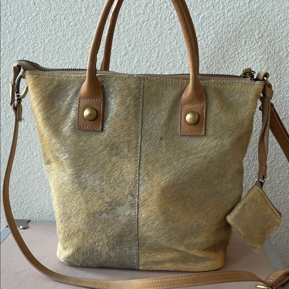 Anthropologie Miss Albright Leather Calf Hair Tan Tote Shoulder Bag - Picture 2 of 9